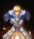  1girl absurdres adapted_costume armor armored_dress artoria_pendragon_(all) bangs black_background blonde_hair blue_dress braid breastplate buckle closed_mouth dress excalibur eyebrows_visible_through_hair fate/stay_night fate_(series) faulds floating_hair foreshortening french_braid gauntlets glowing glowing_sword glowing_weapon green_eyes hair_between_eyes hands_on_hilt highres joe_(j_studio) juliet_sleeves light_particles long_sleeves looking_at_viewer outstretched_arms puffy_sleeves saber serious shiny shiny_hair short_hair solo sparks standing v-shaped_eyebrows weapon wind 