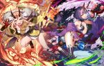 2girls :d alcohol bangs barefoot barefoot_sandals blonde_hair blush commentary_request cup eyebrows_visible_through_hair facial_mark fangs fate/grand_order fate_(series) fingernails fire flower food forehead_mark fruit grapes hair_ornament hamada_pochiwo highres holding holding_sword holding_weapon horns ibaraki_douji_(fate/grand_order) japanese_clothes kimono long_hair long_sleeves multiple_girls off_shoulder oni oni_horns open_clothes open_kimono open_mouth parted_lips peach petals purple_flower purple_hair purple_kimono revealing_clothes sakazuki sake sharp_fingernails short_hair short_kimono shuten_douji_(fate/grand_order) skull smile soles sword thick_eyebrows tongue tongue_out very_long_hair violet_eyes weapon wide_sleeves yellow_eyes yellow_kimono 