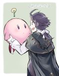  1boy blush brown_hair cape crossover cyrus_(octopath_traveler) gloves hoshi_no_kirby jewelry kirby kirby_(series) long_hair oboro_keisuke octopath_traveler open_mouth ponytail simple_background smile super_smash_bros. super_smash_bros_ultimate translated 