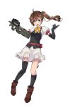  1girl artist_name asymmetrical_legwear belt_pouch blue_eyes boots bow bowtie brown_hair bullpup commentary daru elbow_gloves english_commentary girls_frontline gloves gun happy highres original p90 p90_(girls_frontline) ponytail pouch solo submachine_gun thigh-highs weapon white_background 