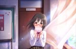  1girl artist_request bangs black_hair blush brown_eyes cinderella_girls_gekijou classroom covering_mouth curtains day dress_shirt embarrassed envelope etude_wa_ikkyoku_dake eyebrows_visible_through_hair glasses holding idolmaster idolmaster_cinderella_girls idolmaster_cinderella_girls_starlight_stage indoors kamijou_haruna letter long_sleeves looking_at_viewer love_letter nervous official_art pink-framed_eyewear raised_eyebrows ribbon school_uniform shirt short_hair skirt solo sunlight white_shirt window 