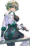  1girl aqua_hair ass breasts gloves green_eyes green_hair gun looking_back ran&#039;ou_(tamago_no_kimi) shinrabanshou shiny shiny_clothes shiny_hair short_hair sideboob simple_background skintght solo weapon white_background 