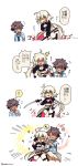  1boy 1girl 4koma ahoge ahoge_wag bandage bandaged_arm bandages bikini blonde_hair blue_eyes blush brown_hair chuunibyou comic commentary_request expressive_hair eyepatch fate/grand_order fate_(series) fujimaru_ritsuka_(male) highres jeanne_d&#039;arc_(alter_swimsuit_berserker) jeanne_d&#039;arc_(fate)_(all) katana nabenko swimsuit sword tan translation_request twitter_username weapon white_background yellow_eyes 