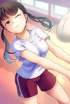  1girl abiko_yuuji bangs black_eyes black_hair blurry blurry_background breasts closed_mouth collarbone eyebrows_visible_through_hair gym_uniform highres light_particles long_hair medium_breasts one_eye_closed original red_shorts shirt short_sleeves shorts single_tear solo twintails volleyball white_shirt 