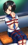  1girl artist_name bdsm black_hair blush bondage bound chalkboard desk hair_ornament hairclip head_tilt highres looking_up original pleated_skirt red_eyes red_rope rope ryou@ryou sailor_collar school_uniform shibari short_hair sitting skirt solo tied_up 