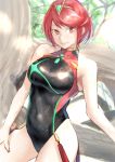  1girl blush breasts earrings highres pyra_(xenoblade) jewelry kilye_4421 large_breasts looking_at_viewer one-piece_swimsuit red_eyes redhead short_hair smile solo swimsuit tiara xenoblade_(series) xenoblade_2 