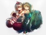  2girls armor belt book breastplate copyright_request crown crystar demon_tail gauntlets gothic_lolita half_twintail highres lolita_fashion mephis_(crystar) mini_crown multiple_girls pheles_(crystar) siblings single_wing sisters stuffed_toy suzuneaya98 tail white_hair wings 