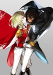  2girls andou_(girls_und_panzer) andre_grandier andre_grandier_(cosplay) artoria_pendragon_(all) bangs black_cape black_hair black_jacket blonde_hair blue_eyes brown_eyes cape coattails cosplay dark_skin epaulettes flower girls_und_panzer gloves grey_background highres holding holding_sword holding_weapon hug itou_(golem_inc) jacket long_sleeves looking_at_another medium_hair messy_hair multiple_girls open_mouth oscar_francois_de_jarjayes oscar_francois_de_jarjayes_(cosplay) oshida_(girls_und_panzer) pants red_cape red_jacket rose saber_(weapon) sash simple_background smile straddling sword versailles_no_bara weapon white_flower white_gloves white_pants white_rose wind yuri 
