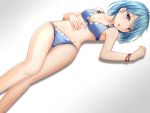  1girl :p ahoge bare_arms bare_legs bare_shoulders bikini blue_bikini blue_eyes blue_hair blush breasts cleavage commentary_request eyebrows_visible_through_hair feet_out_of_frame gradient gradient_background grey_background groin hair_between_eyes hand_on_own_stomach hand_up heterochromia looking_at_viewer lying medium_breasts navel on_back on_stomach red_eyes santarou shadow short_hair smile solo stomach swimsuit tatara_kogasa thighs tongue tongue_out touhou white_background 