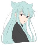  1girl :p animal_ears bangs black_sweater blue_hair brown_eyes copyright_request eyebrows_visible_through_hair from_side highres long_hair looking_at_viewer looking_to_the_side mole mole_under_eye sekina simple_background solo sweater tongue tongue_out upper_body white_background 