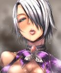  asymmetrical_clothes bakuya bare_shoulders blush bow breasts cleavage close-up dress face gem green_eyes hair_over_one_eye high_collar highres isabella_valentine large_breasts looking_at_viewer parted_lips purple_bow purple_dress saliva saliva_trail short_hair silver_hair soul_calibur sweat white_eyelashes white_hair 