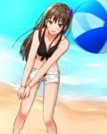  1girl :d ball beach beach_volleyball beachball bikini black_bikini blush bracelet breasts brown_hair cleavage collarbone day flower green_eyes hair_flower hair_ornament idolmaster idolmaster_cinderella_girls jewelry justice/ryo long_hair looking_at_viewer medium_breasts open_clothes open_mouth open_shorts outdoors purple_flower shibuya_rin shiny shiny_hair short_shorts shorts smile solo standing swimsuit white_shorts 