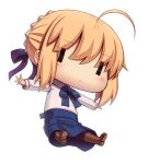  1girl ahoge artoria_pendragon_(all) black_legwear blonde_hair blue_neckwear blue_ribbon blue_skirt blush boa_(brianoa) boots braid brown_footwear chibi collared_shirt eyebrows_visible_through_hair fate/stay_night fate_(series) hair_ribbon highres long_sleeves looking_at_viewer neck_ribbon pantyhose purple_ribbon ribbon saber shirt short_hair skirt solo transparent_background white_shirt wide_face wing_collar ||_|| 