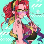  #compass 1girl :q akiakane bare_shoulders bikini black_bikini black_nails blue_background braid commentary_request fingernails food from_side hair_bun holding looking_at_viewer looking_to_the_side nail_polish popsicle redhead shoulder_tattoo smile solo sunglasses swimsuit tattoo tongue tongue_out upper_body wet 