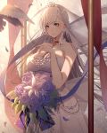  1girl absurdres alternate_costume azur_lane bangs bare_shoulders belfast_(azur_lane) bird blue_eyes blush bouquet braid breasts bridal_veil bride chains choker cleavage closed_mouth collar collarbone dress evening eyebrows_visible_through_hair floating_hair flower french_braid hand_up highres holding holding_bouquet kisui_(user_wswf3235) large_breasts light_particles long_hair looking_at_viewer outdoors petals silver_hair sky smile solo veil wedding_dress white_dress wind wind_lift 