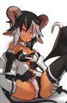  1girl :d bangs bare_shoulders black_hair black_tail blush breasts brown_horns crossed_bangs dark_skin demon_girl demon_horns demon_tail demon_wings elbow_gloves eyebrows_visible_through_hair fang garoudo_(kadouhan&#039;i) gloves groin hair_between_eyes hands_on_own_thighs horns leotard looking_at_viewer low_wings medium_breasts multicolored_hair navel open_mouth original pointy_ears short_hair simple_background sitting smile solo spaghetti_strap spread_legs succubus tail thigh-highs thighs tsurime two-tone_hair v-shaped_eyebrows white_background white_hair wings 