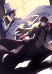  2boys absurdres amamiya_ren black_cape black_hair black_pants blue_shirt brown_hair cape crossover full_moon gloves hat highres holding jacket kaitou_kid looking_at_viewer magic_kaito male_focus mask moon multiple_boys necktie pants parted_lips persona persona_5 red_gloves red_neckwear shirt smile white_cap white_hat white_jacket yumuto_(spring1786) 