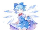  1girl bangs blue_bow blue_dress blue_eyes blue_hair blush bow bowtie cirno commentary_request cowboy_shot dress grin hair_between_eyes hair_bow ice ice_wings looking_at_viewer nuudoru pinafore_dress puffy_short_sleeves puffy_sleeves red_bow red_neckwear shirt short_hair short_sleeves simple_background skirt_hold smile solo standing touhou white_background white_shirt wings 