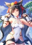  1girl animal_ears bit_(keikou_syrup) black_hair blue_sky breasts cleavage closed_mouth clouds commentary_request covered_navel day erune eyebrows_visible_through_hair eyewear_on_head granblue_fantasy hair_ribbon highres ilsa long_hair looking_at_viewer medium_breasts one-piece_swimsuit outdoors ponytail red_eyes red_ribbon ribbon sky smile solo sunglasses swimsuit white_swimsuit 