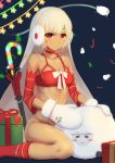  1girl altera_(fate) altera_the_santa bangs bare_legs bare_shoulders breasts choker christmas cleavage closed_mouth collarbone dark_skin detached_sleeves dylannn earmuffs fate/grand_order fate_(series) feet_out_of_frame full_body_tattoo gloves headdress highres midriff photon_ray pout red_eyes sheep short_hair small_breasts solo stomach_tattoo tagme tan tattoo thighs 