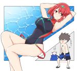  1boy 1girl armpits arms_behind_head arms_up blood blush breasts brown_hair chibi earrings pyra_(xenoblade) jewelry large_breasts looking_at_viewer lying mochimochi_(xseynao) nosebleed on_back one-piece_swimsuit red_eyes redhead rex_(xenoblade_2) short_hair simple_background smile swimsuit swismuit tiara water white_background xenoblade_(series) xenoblade_2 