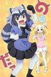  2girls :d abiko_yuuji animal_ears argyle argyle_background arm_up bangs black_bow black_footwear black_hair black_neckwear black_skirt blonde_hair blue_shirt bow bowtie breasts brown_eyes commentary_request common_raccoon_(kemono_friends) extra_ears eyebrows_visible_through_hair fang fennec_(kemono_friends) fox_ears fox_girl fox_tail fur_collar hair_between_eyes highres japari_symbol kemono_friends looking_at_viewer medium_breasts multicolored multicolored_clothes multicolored_hair multicolored_legwear multiple_girls open_mouth outline pantyhose partial_commentary pleated_skirt puffy_short_sleeves puffy_sleeves raccoon_ears raccoon_tail shirt shoes short_hair short_sleeves silver_hair skirt smile speech_bubble striped_tail tail thigh-highs white_footwear white_hair white_outline white_skirt yellow_bow yellow_neckwear zettai_ryouiki 