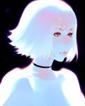  1girl black_background black_choker blush choker closed_mouth commentary_request copyright_request highres ilya_kuvshinov nose_blush pink_lips red_eyes shirt short_hair simple_background smile solo upper_body white_hair white_shirt 