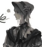  1girl ? ascot bangs bloodborne bonnet cloak flower gothic hat issa_(zgjj7328) jewelry monochrome pendant plain_doll profile rose silver_hair solo_focus spoken_question_mark swept_bangs tentacle white_hair 