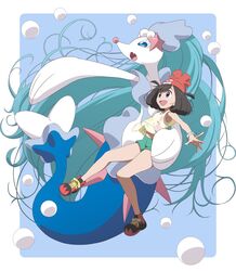  bag bare_legs beanie blue_eyes blue_hair bracelet creatures_(company) floral_print game_freak gen_7_pokemon green_shorts handbag hat highres jewelry long_hair mizuki_(pokemon) moon_(pokemon) nintendo open_mouth pokemon pokemon_(creature) pokemon_(game) pokemon_sm pokemon_usum primarina red_hat shirt shoes short_sleeves shorts shoulder_bag sneakers t-shirt tied_shirt very_long_hair yellow_shirt z-ring 