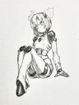  1girl bangs blush closed_mouth commentary_request cyborg expressionless full_body greyscale highres mashimashi monochrome original short_hair sitting solo traditional_media 