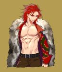  1boy absurdres belt black_eyes brown_pants closed_mouth coat commentary_request cropped_legs fate/grand_order fate_(series) grey_coat highres li_shuwen_(fate/grand_order) long_hair looking_at_viewer male_focus nipples open_clothes open_shirt pants red_shirt redhead shirt simple_background solo standing tenobe yellow_background 