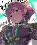  1girl armor blush breasts character_name fingerless_gloves gloves half-closed_eyes hand_on_own_chest pyra_(xenoblade) large_breasts looking_at_viewer red_eyes redhead rog_rockbe seductive_smile short_hair signature smile upper_body xenoblade_(series) xenoblade_2 