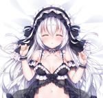  1girl :o babydoll bangs blush breasts closed_eyes detached_collar eyebrows_visible_through_hair gothic_lolita lolita_fashion long_hair lying medium_breasts mitsuba_choco navel on_back open_mouth original parted_lips silver_hair solo 