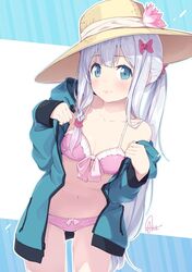  1girl azumi_akitake bikini blue_eyes bow breasts commentary_request cowboy_shot eromanga_sensei front-tie_top gluteal_fold green_jacket hair_bow hat izumi_sagiri jacket leaning_forward long_hair low-tied_long_hair open_clothes open_jacket pink_bikini pink_bow signature silver_hair small_breasts solo standing sun_hat swimsuit two-tone_background 