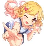  1girl :d aikatsu!_(series) aikatsu_stars! black_footwear blonde_hair blouse blue_shorts blush bow bracelet brown_eyes eyelashes gradient_hair hair_bow hair_ornament hairclip heart heart_necklace highres jewelry leaning_forward long_hair looking_at_viewer multicolored_hair nijino_yume one_eye_closed open_mouth pink_bow pink_hair pointing pointing_at_viewer sekina shorts simple_background sketch smile socks solo standing standing_on_one_leg suspender_shorts suspenders white_background white_blouse white_legwear 