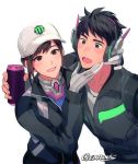  1boy 1girl baseball_cap black_eyes black_hair bodysuit brown_eyes brown_hair d.va_(overwatch) dae-hyun gearous gloves hand_on_another&#039;s_chin hat headphones jacket looking_at_another looking_at_viewer open_mouth overwatch parted_lips signature simple_background smile white_background white_hat 