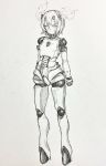  1girl bangs blush closed_mouth cyborg expressionless greyscale highres looking_at_viewer mashimashi monochrome original short_hair solo standing traditional_media 
