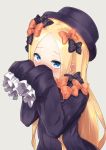  1girl abigail_williams_(fate/grand_order) bangs black_bow black_dress black_hat blonde_hair blue_eyes blush bow covered_mouth dress ear_blush eyebrows_visible_through_hair fate/grand_order fate_(series) forehead grey_background hair_bow hands_up hat highres long_hair long_sleeves looking_at_viewer nenosame nose_blush orange_bow parted_bangs polka_dot polka_dot_bow simple_background sleeves_past_fingers sleeves_past_wrists solo upper_body very_long_hair 