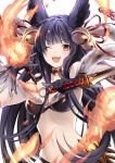  1girl animal_ears bell black_hair breasts cleavage dual_wielding fire fox_ears fur_trim gloves granblue_fantasy hair_bell hair_ornament hair_ribbon holding large_breasts long_hair milight navel red_eyes ribbon smile sword weapon yuel_(granblue_fantasy) 