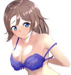  1girl blue_eyes bonfurai bra breasts brown_hair cleavage collarbone eyebrows_visible_through_hair hair_between_eyes large_breasts long_hair looking_at_viewer love_live! love_live!_sunshine!! off_shoulder purple_bra shiny shiny_hair simple_background smile solo underwear upper_body watanabe_you white_background 