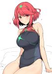  1girl bangs bare_shoulders eyebrows_visible_through_hair gem hair_ornament harukon_(halcon) heart highres pyra_(xenoblade) looking_at_viewer one-piece_swimsuit red_eyes redhead short_hair sitting smile sweat swimsuit thighs tiara white_background xenoblade_(series) xenoblade_2 