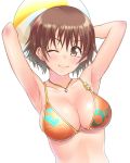  1girl ;d armpits ball beachball breasts brown_eyes brown_hair cleavage collarbone earrings eyebrows_visible_through_hair hair_between_eyes heart heart_necklace highres holding holding_ball honda_mio idolmaster idolmaster_cinderella_girls jewelry large_breasts looking_at_viewer one_eye_closed open_mouth orange_bikini_top print_bikini_top shiny shiny_hair shirota_mizuki short_hair sideboob simple_background smile solo swimsuit upper_body wet white_background 