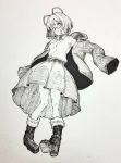  1girl bangs blush boots character_request closed_mouth coat collared_shirt copyright_request full_body glasses greyscale highres looking_at_viewer mashimashi monochrome pleated_skirt shirt short_hair skirt solo standing traditional_media 