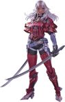  1girl armor belt blue_eyes boots dark_skin dual_wielding elma_(xenoblade_x) gloves holding long_hair looking_at_viewer official_art solo sword tanaka_kunihiko thigh-highs thigh_boots weapon white_hair xenoblade_(series) xenoblade_2 xenoblade_chronicles_x 