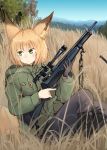  1girl animal_ears batta_(kanzume_quality) black_footwear blonde_hair blue_sky boots brown_gloves closed_mouth fox_ears fox_girl fox_tail gloves grass green_eyes grey_pants gun holding holding_gun holding_weapon hunting long_sleeves looking_to_the_side nib_pen_(medium) original outdoors pants rifle short_hair single_glove sitting sky sniper_rifle solo tail traditional_media trigger_discipline weapon 