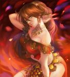  1girl bare_shoulders bracelet breasts brown_hair circlet cleavage dancer e_f_regan826 earrings green_eyes jewelry large_breasts long_hair looking_at_viewer navel necklace octopath_traveler ponytail primrose_azelhart simple_background smile solo 