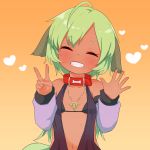  1girl ^_^ animal_ears bare_shoulders black_bikini_top closed_eyes closed_eyes collar dark_skin detached_sleeves dog_ears dog_tail done_(donezumi) facing_viewer green_hair grin head_tilt heart jewelry navel necklace orange_background original short_hair simple_background smile solo tail teeth titi-chan_(nezumi_inu) upper_body v 