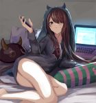  1girl arm_up ass bangs bare_legs barefoot bed_sheet black_hoodie blush brown_eyes brown_hair cellphone commentary_request computer cushion doran_(dorannomai) eyebrows_visible_through_hair glowing hair_between_eyes highres holding holding_cellphone holding_phone hood hoodie horns idolmaster idolmaster_shiny_colors laptop long_hair long_sleeves lying on_side oosaki_tenka parted_lips phone pillow solo sweat very_long_hair 
