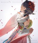  1girl au_ra bare_shoulders closed_eyes detached_sleeves final_fantasy final_fantasy_xiv flower from_side grey_background hair_flower hair_ornament hakama holy_pumpkin horns japanese_clothes long_sleeves obi parted_lips petals purple_hair red_flower sash short_hair solo spider_lily standing tassel wide_sleeves 