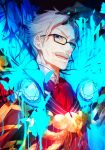  1boy black-framed_eyewear blue_background blue_eyes colorful commentary_request facial_hair fate/grand_order fate_(series) glasses grey_hair highres jacket james_moriarty_(fate/grand_order) looking_at_viewer male_focus mika_pikazo mustache old_man red_jacket sharp_teeth smile solo teeth upper_body 
